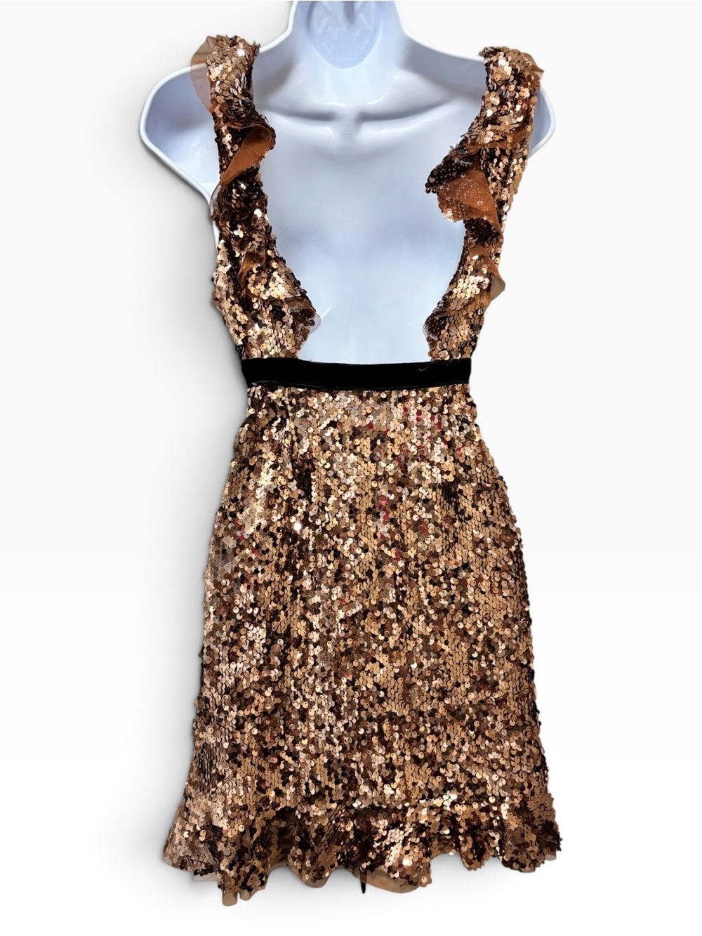 Free People Bronze Sequin Ruffle Mini Dress Velvet Belt Size 6 - Picture 5 of 9